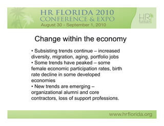 Change within the economy
• Subsisting trends continue – increased
diversity, migration, aging, portfolio jobs
• Some trends have peaked – some
female economic participation rates, birth
rate decline in some developed
economies
• New trends are emerging –
organizational alumni and core
contractors, loss of support professions.
 