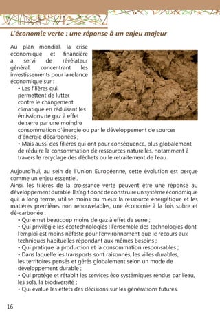 16
L’économie verte : une réponse à un enjeu majeur
Au plan mondial, la crise
économique et financière
a servi de révélateur
général, concentrant les
investissements pour la relance
économique sur :
• Les filières qui
permettent de lutter
contre le changement
climatique en réduisant les
émissions de gaz à effet
de serre par une moindre
consommation d’énergie ou par le développement de sources
d’énergie décarbonées ;
• Mais aussi des filières qui ont pour conséquence, plus globalement,
de réduire la consommation de ressources naturelles, notamment à
travers le recyclage des déchets ou le retraitement de l’eau.
Aujourd’hui, au sein de l’Union Européenne, cette évolution est perçue
comme un enjeu essentiel.
Ainsi, les filières de la croissance verte peuvent être une réponse au
développementdurable.Ils’agitdoncdeconstruireunsystèmeéconomique
qui, à long terme, utilise moins ou mieux la ressource énergétique et les
matières premières non renouvelables, une économie à la fois sobre et
dé-carbonée :
• Qui émet beaucoup moins de gaz à effet de serre ;
• Qui privilégie les écotechnologies : l’ensemble des technologies dont
l’emploi est moins néfaste pour l’environnement que le recours aux
techniques habituelles répondant aux mêmes besoins ;
• Qui pratique la production et la consommation responsables ;
• Dans laquelle les transports sont raisonnés, les villes durables,
les territoires pensés et gérés globalement selon un mode de
développement durable ;
• Qui protège et rétablit les services éco systémiques rendus par l’eau,
les sols, la biodiversité ;
• Qui évalue les effets des décisions sur les générations futures.
 