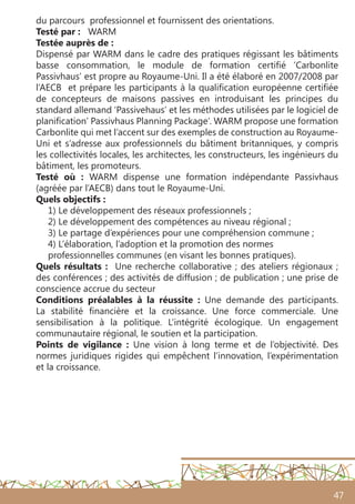 47
du parcours professionnel et fournissent des orientations.
Testé par : WARM
Testée auprès de :
Dispensé par WARM dans le cadre des pratiques régissant les bâtiments
basse consommation, le module de formation certifié ’Carbonlite
Passivhaus’ est propre au Royaume-Uni. Il a été élaboré en 2007/2008 par
l’AECB et prépare les participants à la qualification européenne certifiée
de concepteurs de maisons passives en introduisant les principes du
standard allemand ‘Passivehaus’ et les méthodes utilisées par le logiciel de
planification’ Passivhaus Planning Package’. WARM propose une formation
Carbonlite qui met l’accent sur des exemples de construction au Royaume-
Uni et s’adresse aux professionnels du bâtiment britanniques, y compris
les collectivités locales, les architectes, les constructeurs, les ingénieurs du
bâtiment, les promoteurs.
Testé où : WARM dispense une formation indépendante Passivhaus
(agréée par l’AECB) dans tout le Royaume-Uni.
Quels objectifs :
1) Le développement des réseaux professionnels ;
2) Le développement des compétences au niveau régional ;
3) Le partage d’expériences pour une compréhension commune ;
4) L’élaboration, l’adoption et la promotion des normes
professionnelles communes (en visant les bonnes pratiques).
Quels résultats : Une recherche collaborative ; des ateliers régionaux ;
des conférences ; des activités de diffusion ; de publication ; une prise de
conscience accrue du secteur
Conditions préalables à la réussite  : Une demande des participants.
La stabilité financière et la croissance. Une force commerciale. Une
sensibilisation à la politique. L’intégrité écologique. Un engagement
communautaire régional, le soutien et la participation.
Points de vigilance : Une vision à long terme et de l’objectivité. Des
normes juridiques rigides qui empêchent l’innovation, l’expérimentation
et la croissance.
 