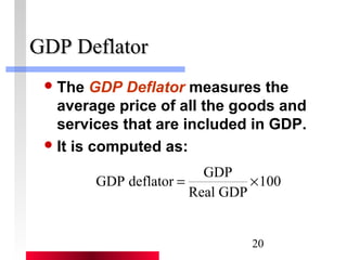 GDP deflator = GDP ´ 
20 
GGDDPP DDeeffllaattoorr 
The GDP Deflator measures the 
average price of all the goods and 
services that are included in GDP. 
It is computed as: 
100 
Real GDP 
 