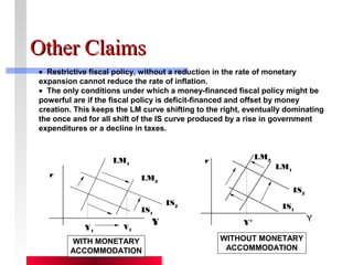 · Restrictive fiscal policy, without a reduction in the rate of monetary 
expansion cannot reduce the rate of inflation. 
· The only conditions under which a money-financed fiscal policy might be 
powerful are if the fiscal policy is deficit-financed and offset by money 
creation. This keeps the LM curve shifting to the right, eventually dominating 
the once and for all shift of the IS curve produced by a rise in government 
expenditures or a decline in taxes. 
17 
OOtthheerr CCllaaiimmss 
Y 
r 
LM1 
LM2 
IS2 IS1 
Y1 
Y2 
WITH MONETARY 
ACCOMMODATION 
Y* Y 
r 
LM1 
LM2 
IS2 
IS1 
WITHOUT MONETARY 
ACCOMMODATION 
