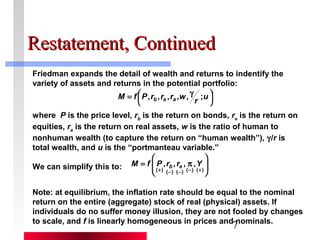 7 
RReessttaatteemmeenntt,, CCoonnttiinnuueedd 
Friedman expands the detail of wealth and returns to indentify the 
variety of assets and returns in the potential portfolio: 
÷ø ö 
= g u M f P,rb ,re ,ra ,w, r ; 
çè æ 
where P is the price level, ris the return on bonds, ris the return on 
b e equities, ris the return on real assets, w is the ratio of human to 
a nonhuman wealth (to capture the return on “human wealth”), g/r is 
total wealth, and u is the “portmanteau variable.” 
ö 
We can simplify this to: 
÷ ÷ø 
æ 
ç çè 
M = f P ,rb ,re , p 
,Y 
(+) (-) (-) (-) (+) 
Note: at equilibrium, the inflation rate should be equal to the nominal 
return on the entire (aggregate) stock of real (physical) assets. If 
individuals do no suffer money illusion, they are not fooled by changes 
to scale, and f is linearly homogeneous in prices and nominals. 
 