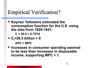 3 
EEmmppiirriiccaall VVeerriiffiiccaattiioonn?? 
 Keynes’ followers estimated the 
consumption function for the U.S. using 
the data from 1929-1941: 
– C = 26.5 + 0.75Yd 
 C0=26.5 billion > 0 
– APC > MPC 
 Increases in consumer spending seemed 
to be less than increases in disposable 
income, supporting MPC < 1. 
 