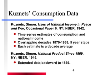 KKuuzznneettss’’ CCoonnssuummppttiioonn DDaattaa 
Kuznets, Simon. Uses of National Income in Peace 
and War, Occasional Paper 6. NY: NBER, 1942. 
 Time series estimates of consumption and 
national income 
 Overlapping decades 1879-1938, 5 year steps 
 Each estimate is a decade average 
Kuznets, Simon. National Product Since 1869. 
NY: NBER, 1946. 
 Extended data backward to 1869. 
4 
 