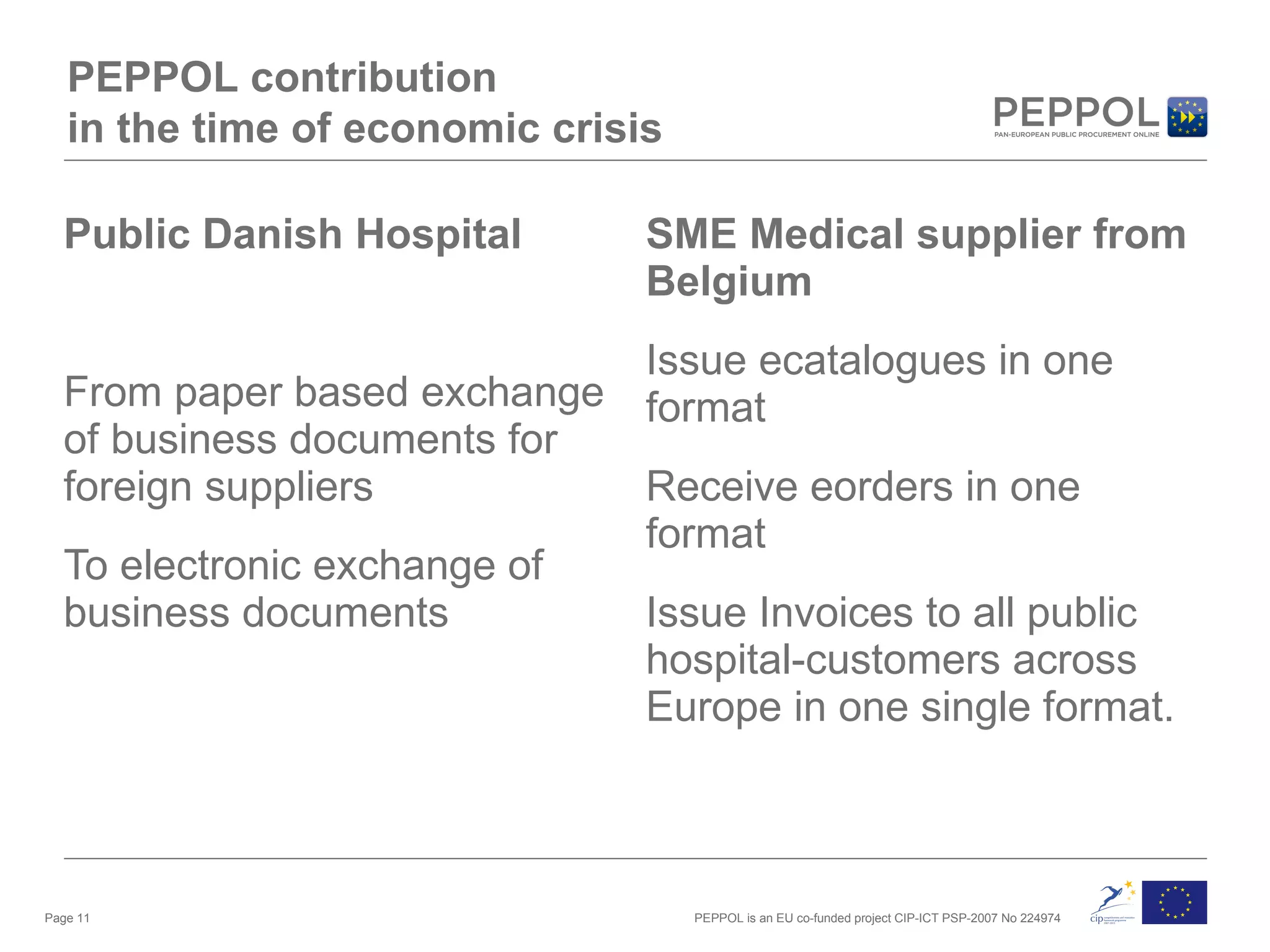 Public Danish Hospital From paper based exchange of business documents for foreign suppliers To electronic exchange of business documents SME Medical supplier from Belgium Issue ecatalogues in one format Receive eorders in one format Issue Invoices to all public hospital-customers across Europe in one single format.  Page  PEPPOL contribution in the time of economic crisis 