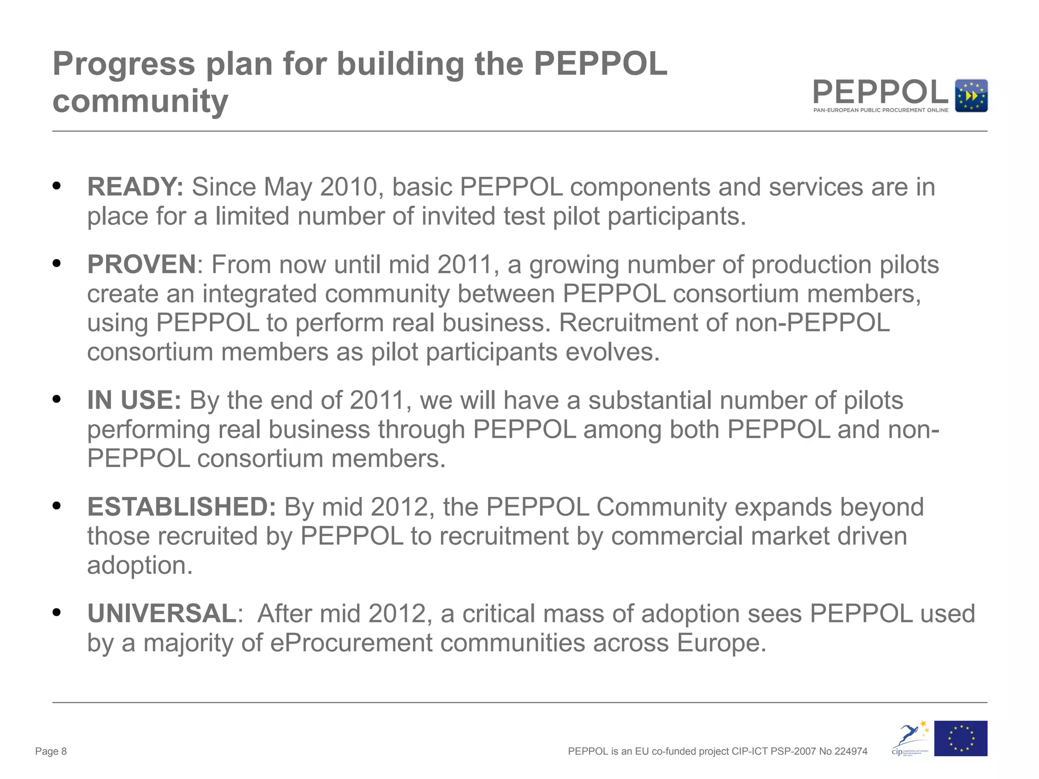 Progress plan for building the PEPPOL community READY:  Since May 2010, basic PEPPOL components and services are in place for a limited number of invited test pilot participants. PROVEN : From now until mid 2011, a growing number of production pilots create an integrated community between PEPPOL consortium members, using PEPPOL to perform real business. Recruitment of non-PEPPOL consortium members as pilot participants evolves. IN USE:  By the end of 2011, we will have a substantial number of pilots performing real business through PEPPOL among both PEPPOL and non-PEPPOL consortium members. ESTABLISHED:  By mid 2012, the PEPPOL Community expands beyond those recruited by PEPPOL to recruitment by commercial market driven adoption. UNIVERSAL :  After mid 2012, a critical mass of adoption sees PEPPOL used by a majority of eProcurement communities across Europe. Page  