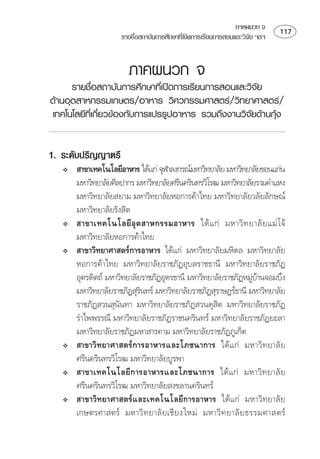 ภาคผนวก จ    
                    รายชือสถาบันการศึกษาทีเ่ ปดการเรียนการสอนและวิจย ฯลฯ
                         ่                                          ั


                      ÀÒ¤¼¹Ç¡ ¨
      รายชื่อสถาบันการศึกษาที่เปดการเรียนการสอนและวิจัย
ดานอุตสาหกรรมเกษตร/อาหาร วิศวกรรมศาสตร/วิทยาศาสตร/
เทคโนโลยีที่เกี่ยวของกับการแปรรูปอาหาร รวมถึงงานวิจัยดานกุง


1. ระดับปริญญาตรี
      ⌫   
       ⌫ 
        
      
      ⌫             
      
         
       ⌫ 
       ⌫ ⌦
                                                              
       ⌫ 
                           
        
                                                  
      ⌫  
       
        
      ⌫ 
      ⌫       
      ⌫ 
      ⌫  
           ⌫       
 