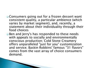  Consumers going out for a frozen dessert want
consistent quality, a particular ambience (which
varies by market segment), and, recently, a
statement about their individuality through their
food choices
 Ben and Jerry's has responded to these needs
with appeals to socially and environmentally
conscious production; Cold Stone Creamery
offers unparalleled "just for you" customization
and service; Baskin Robbins' famous "31 flavors"
comes from the vast array of choice consumers
demand.
 
