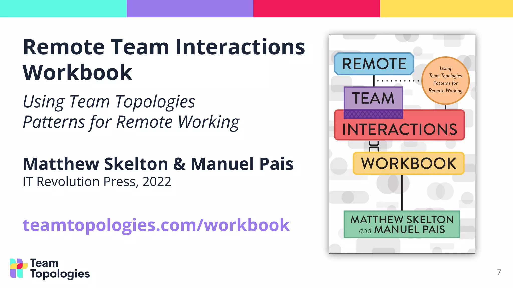 Remote Team Interactions
Workbook
7
Using Team Topologies
Patterns for Remote Working
Matthew Skelton & Manuel Pais
IT Revolution Press, 2022
teamtopologies.com/workbook
 