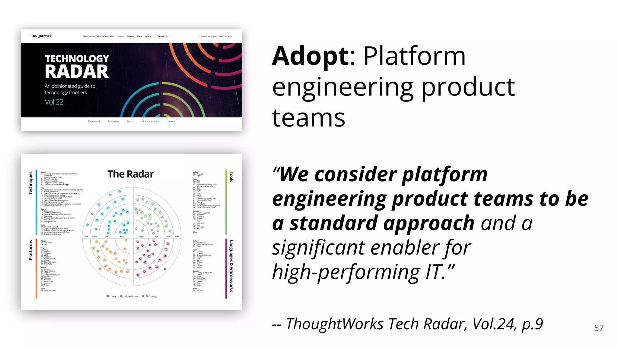 57
Adopt: Platform
engineering product
teams
“We consider platform
engineering product teams to be
a standard approach and a
signiﬁcant enabler for
high-performing IT.”
-- ThoughtWorks Tech Radar, Vol.24, p.9
 