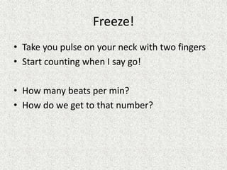 Freeze!
• Take you pulse on your neck with two fingers
• Start counting when I say go!
• How many beats per min?
• How do we get to that number?
 