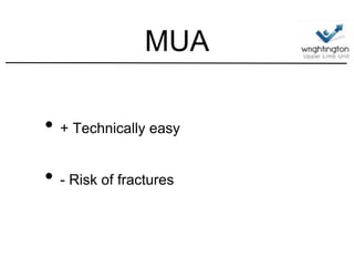 MUA
• + Technically easy
• - Risk of fractures
 