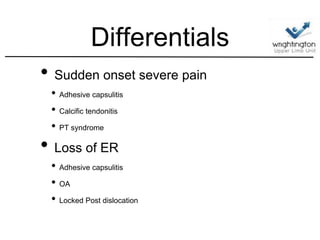 Differentials
• Sudden onset severe pain
• Adhesive capsulitis
• Calcific tendonitis
• PT syndrome
• Loss of ER
• Adhesive capsulitis
• OA
• Locked Post dislocation
 