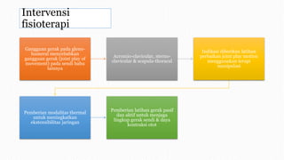 Intervensi
fisioterapi
Gangguan gerak pada gleno-
humeral menyebabkan
gangguan gerak (joint play of
movement) pada sendi bahu
lainnya
Acromio-clavicular, sterno-
clavicular & scapula-thoracal
Indikasi diberikan latihan
perbaikan joint play motion
menggunakan terapi
manipulasi
Pemberian modalitas thermal
untuk meningkatkan
ekstensibilitas jaringan
Pemberian latihan gerak pasif
dan aktif untuk menjaga
lingkup gerak sendi & daya
kontraksi otot
 