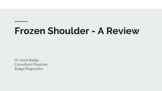 Frozen Shoulder - A Review
Dr Vivek Baliga
Consultant Physician
Baliga Diagnostics
 