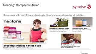 Lifestyle
Trending: Compact Nutrition
Consumers with busy lives are turning to hyper-convenient sources of nutrition
Body-Replenishing Fitness Fuels
Boost Your Workout with Products from Maxishop
Empowering Cleansing Juices
Toronto-Based Company benourished
Knows Just What Your Body Needs
Gourmet Canned Meals
All in One by Chris Godfrey Boasts 12
Courses in One Go
Social Nutrient Packs
'Valid Nutrition' Pastes are Made Locally
Where They Are Needed
Trend Hunter
 
