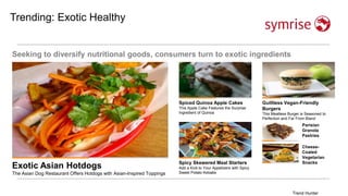 Trending: Exotic Healthy
Seeking to diversify nutritional goods, consumers turn to exotic ingredients
Exotic Asian Hotdogs
The Asian Dog Restaurant Offers Hotdogs with Asian-Inspired Toppings
Spiced Quinoa Apple Cakes
This Apple Cake Features the Surprise
Ingredient of Quinoa
Guiltless Vegan-Friendly
Burgers
This Meatless Burger is Seasoned to
Perfection and Far From Bland
Spicy Skewered Meal Starters
Add a Kick to Your Appetizers with Spicy
Sweet Potato Kebabs
Parisian
Granola
Pastries
Cheese-
Coated
Vegetarian
Snacks
Trend Hunter
 