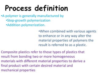 Process definition
•A polymer is generally manufactured by
   •Step-growth polymerization
   •Addition polymerization.
                        •When combined with various agents
                        to enhance or in any way alter the
                        material properties of polymers the
                        result is referred to as a plastic.
Composite plastics refer to those types of plastics that
result from bonding two or more homogeneous
materials with different material properties to derive a
final product with certain desired material and
mechanical properties
 