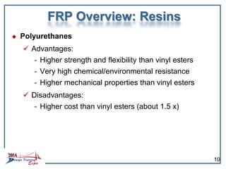  Polyurethanes
 Advantages:
- Higher strength and flexibility than vinyl esters
- Very high chemical/environmental resistance
- Higher mechanical properties than vinyl esters
 Disadvantages:
- Higher cost than vinyl esters (about 1.5 x)
FRP Overview: Resins
10
 