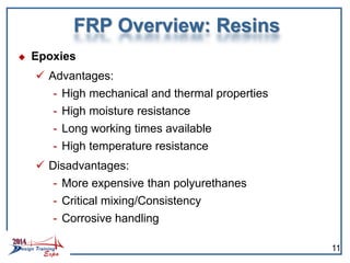  Epoxies
 Advantages:
- High mechanical and thermal properties
- High moisture resistance
- Long working times available
- High temperature resistance
 Disadvantages:
- More expensive than polyurethanes
- Critical mixing/Consistency
- Corrosive handling
FRP Overview: Resins
11
 