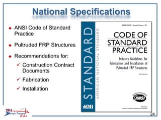 National Specifications
 ANSI Code of Standard
Practice
 Pultruded FRP Structures
 Recommendations for:
 Construction Contract
Documents
 Fabrication
 Installation
24
 