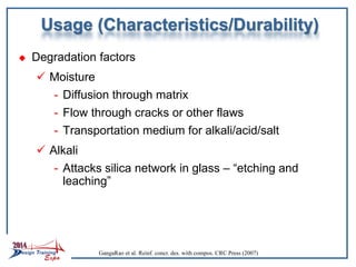 Usage (Characteristics/Durability)
 Degradation factors
 Moisture
- Diffusion through matrix
- Flow through cracks or other flaws
- Transportation medium for alkali/acid/salt
 Alkali
- Attacks silica network in glass – “etching and
leaching”
GangaRao et al. Reinf. concr. des. with compos. CRC Press (2007)
 