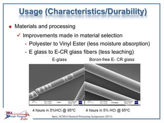 Usage (Characteristics/Durability)
 Materials and processing
 Improvements made in material selection
- Polyester to Vinyl Ester (less moisture absorption)
- E glass to E-CR glass fibers (less leaching)
Spoo, ACMA Chemical Processing Symposium (2013)
 