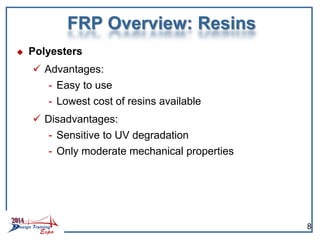  Polyesters
 Advantages:
- Easy to use
- Lowest cost of resins available
 Disadvantages:
- Sensitive to UV degradation
- Only moderate mechanical properties
FRP Overview: Resins
8
 