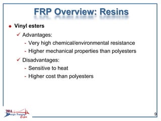  Vinyl esters
 Advantages:
- Very high chemical/environmental resistance
- Higher mechanical properties than polyesters
 Disadvantages:
- Sensitive to heat
- Higher cost than polyesters
FRP Overview: Resins
9
 