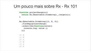 Um pouco mais sobre Rx - Rx 101
function projectRange(n){!
return Rx.Observable.fromArray(_.range(n));!
}!
!
Rx.Observable.fromArray([1, 2, 3])!
.flatMap(projectRange)!
.subscribe(function(value){!
console.log( value );!
});!
!
// 0!
// 0!
// 1!
// 0!
// 1!
// 2
 