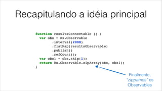 Recapitulando a idéia principal
function resultsConnectable () {!
var obs = Rx.Observable!
.interval(2000)!
.flatMap(resultsObservable)!
.publish()!
.refCount();!
var obs1 = obs.skip(1);!
return Rx.Observable.zipArray(obs, obs1);!
}!
Finalmente,
“zippamos” os
Observables
 