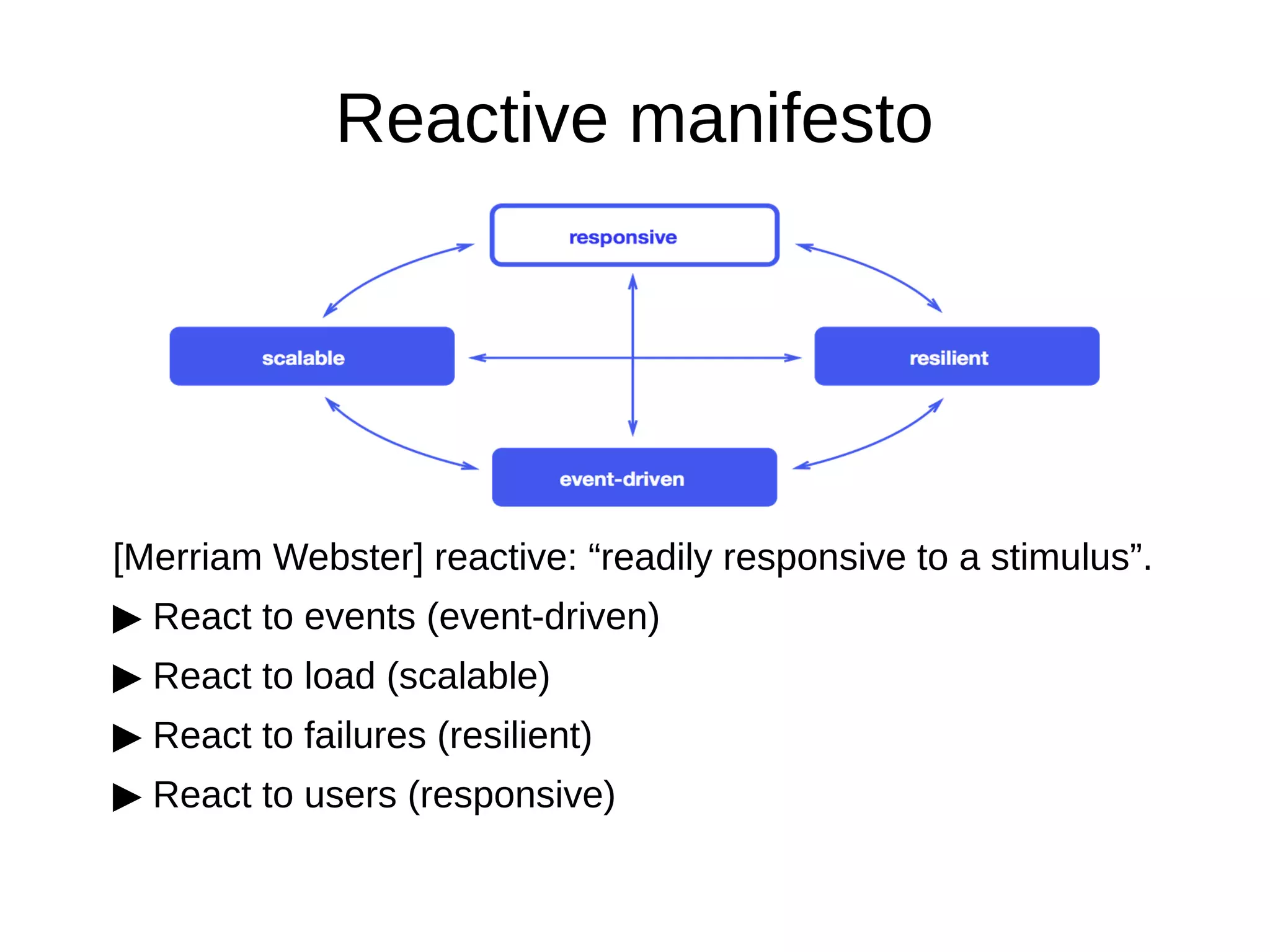 Reactive manifesto
[Merriam Webster] reactive: “readily responsive to a stimulus”.
▶ React to events (event-driven)
▶ React to load (scalable)
▶ React to failures (resilient)
▶ React to users (responsive)
 