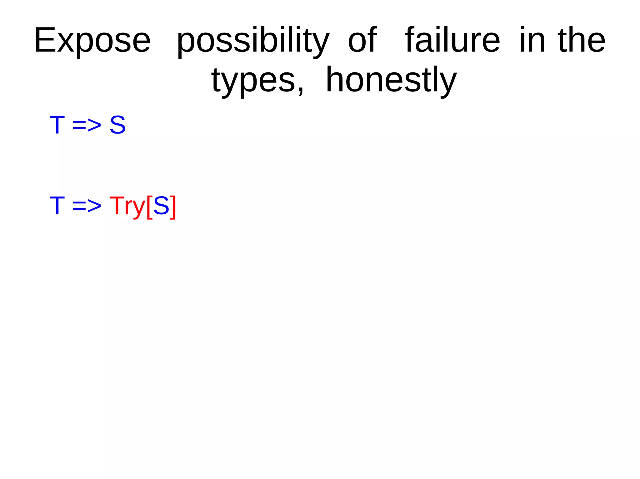 Expose possibility of failure in the
types, honestly
T => S
T => Try[S]
 