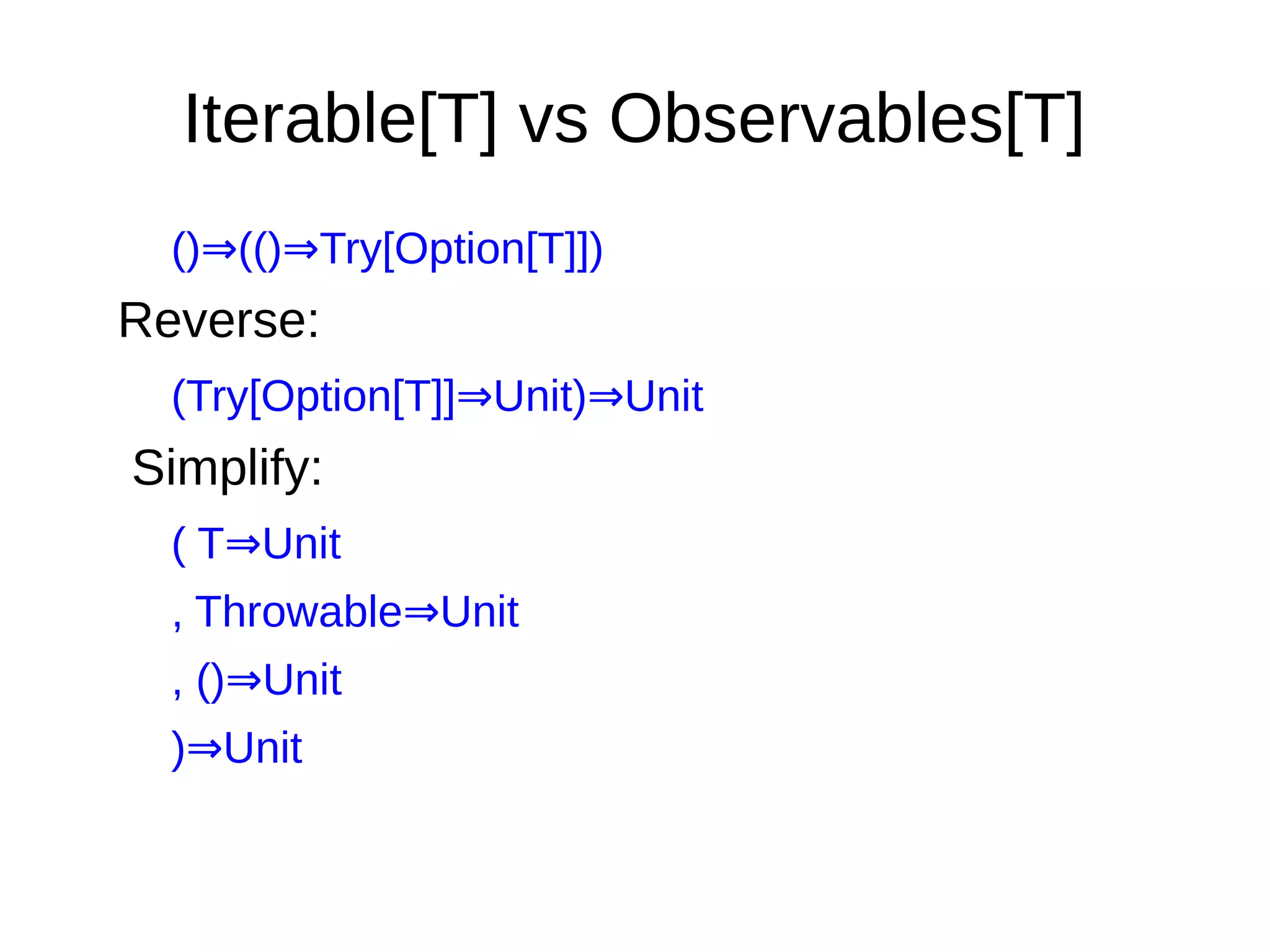 Iterable[T] vs Observables[T]
() (() Try[Option[T]])⇒ ⇒
Reverse:
(Try[Option[T]] Unit) Unit⇒ ⇒
Simplify:
( T Unit⇒
, Throwable Unit⇒
, () Unit⇒
) Unit⇒
 
