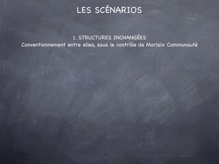 LES SCÉNARIOS


                   1. STRUCTURES INCHANGÉES
Conventionnement entre elles, sous le contrôle de Morlaix Communauté
 