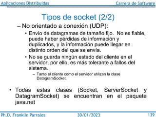 Aplicaciones Distribuidas Carrera de Software
Ph.D. Franklin Parrales 139
30/01/2023
Tipos de socket (2/2)
– No orientado ...