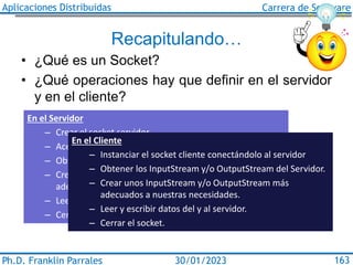 Aplicaciones Distribuidas Carrera de Software
Ph.D. Franklin Parrales 163
30/01/2023
Recapitulando…
• ¿Qué es un Socket?
•...