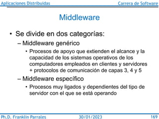 Aplicaciones Distribuidas Carrera de Software
Ph.D. Franklin Parrales 169
30/01/2023
Middleware
• Se divide en dos categor...
