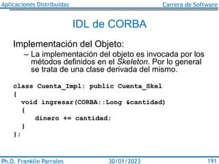 Aplicaciones Distribuidas Carrera de Software
Ph.D. Franklin Parrales 191
30/01/2023
IDL de CORBA
Implementación del Objet...