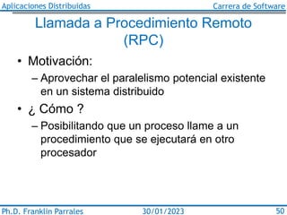 Aplicaciones Distribuidas Carrera de Software
Ph.D. Franklin Parrales 50
30/01/2023
Llamada a Procedimiento Remoto
(RPC)
•...