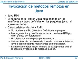 Aplicaciones Distribuidas Carrera de Software
Ph.D. Franklin Parrales 93
30/01/2023
Invocación de métodos remotos en
Java
...