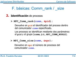 Aplicaciones Distribuidas Carrera de Software
Ph.D. Franklin Parrales 112
30/01/2023
F. básicas: Comm_rank / _size
2. Iden...