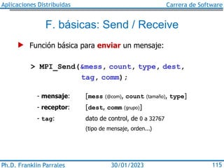 Aplicaciones Distribuidas Carrera de Software
Ph.D. Franklin Parrales 115
30/01/2023
F. básicas: Send / Receive
> MPI_Send...