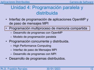 Aplicaciones Distribuidas Carrera de Software
Ph.D. Franklin Parrales 12
30/01/2023
Unidad 4: Programación paralela y
dist...