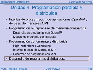 Aplicaciones Distribuidas Carrera de Software
Ph.D. Franklin Parrales 128
30/01/2023
Unidad 4: Programación paralela y
dis...