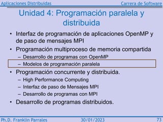 Aplicaciones Distribuidas Carrera de Software
Ph.D. Franklin Parrales 73
30/01/2023
Unidad 4: Programación paralela y
dist...