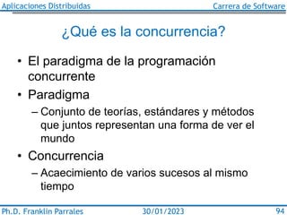 Aplicaciones Distribuidas Carrera de Software
Ph.D. Franklin Parrales 94
30/01/2023
¿Qué es la concurrencia?
• El paradigm...