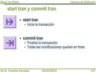 Bases de Datos
Ph.D. Franklin Parrales
Carrera de Software
127
02/03/2022
start tran y commit tran
▪ start tran
▪ Inicia la transacción
▪ commit tran
▪ Finaliza la transacción
▪ Todas las modificaciones quedan en firme
 
