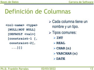 Bases de Datos
Ph.D. Franklin Parrales
Carrera de Software
13
02/03/2022
Definición de Columnas
<col-name> <type>
[NULL|NOT NULL]
[DEFAULT <val>]
[constraint-1 [,
constraint-2[,
...]]]
➢ Cada columna tiene un
nombre y un tipo.
➢ Tipos comunes:
➢ INT
➢ REAL
➢ CHAR(n)
➢ VARCHAR(n)
➢ DATE
 