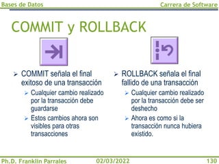 Bases de Datos
Ph.D. Franklin Parrales
Carrera de Software
130
02/03/2022
COMMIT y ROLLBACK
➢ COMMIT señala el final
exitoso de una transacción
➢ Cualquier cambio realizado
por la transacción debe
guardarse
➢ Estos cambios ahora son
visibles para otras
transacciones
➢ ROLLBACK señala el final
fallido de una transacción
➢ Cualquier cambio realizado
por la transacción debe ser
deshecho
➢ Ahora es como si la
transacción nunca hubiera
existido.
 
